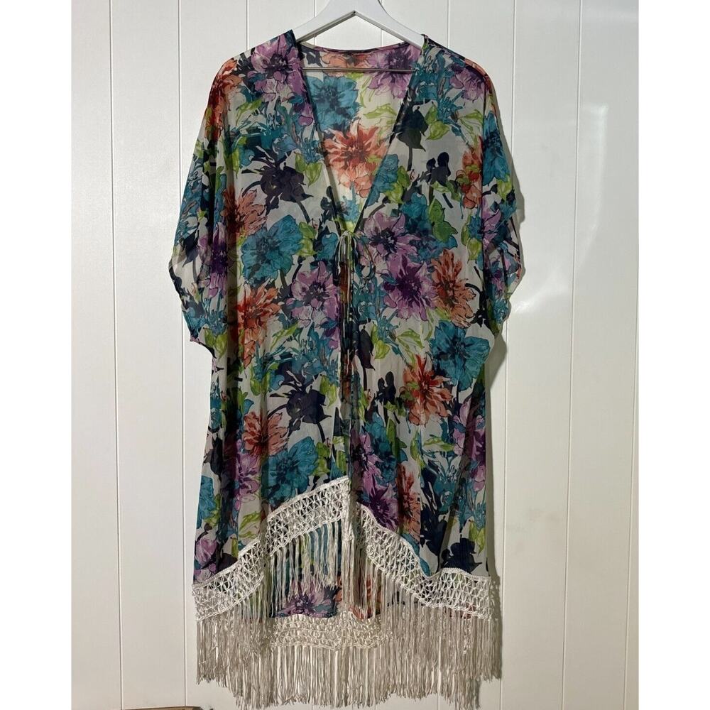 Floral Kimono Cover-Up With Fringe Hem & Tie Closure Multiple Colors M/L